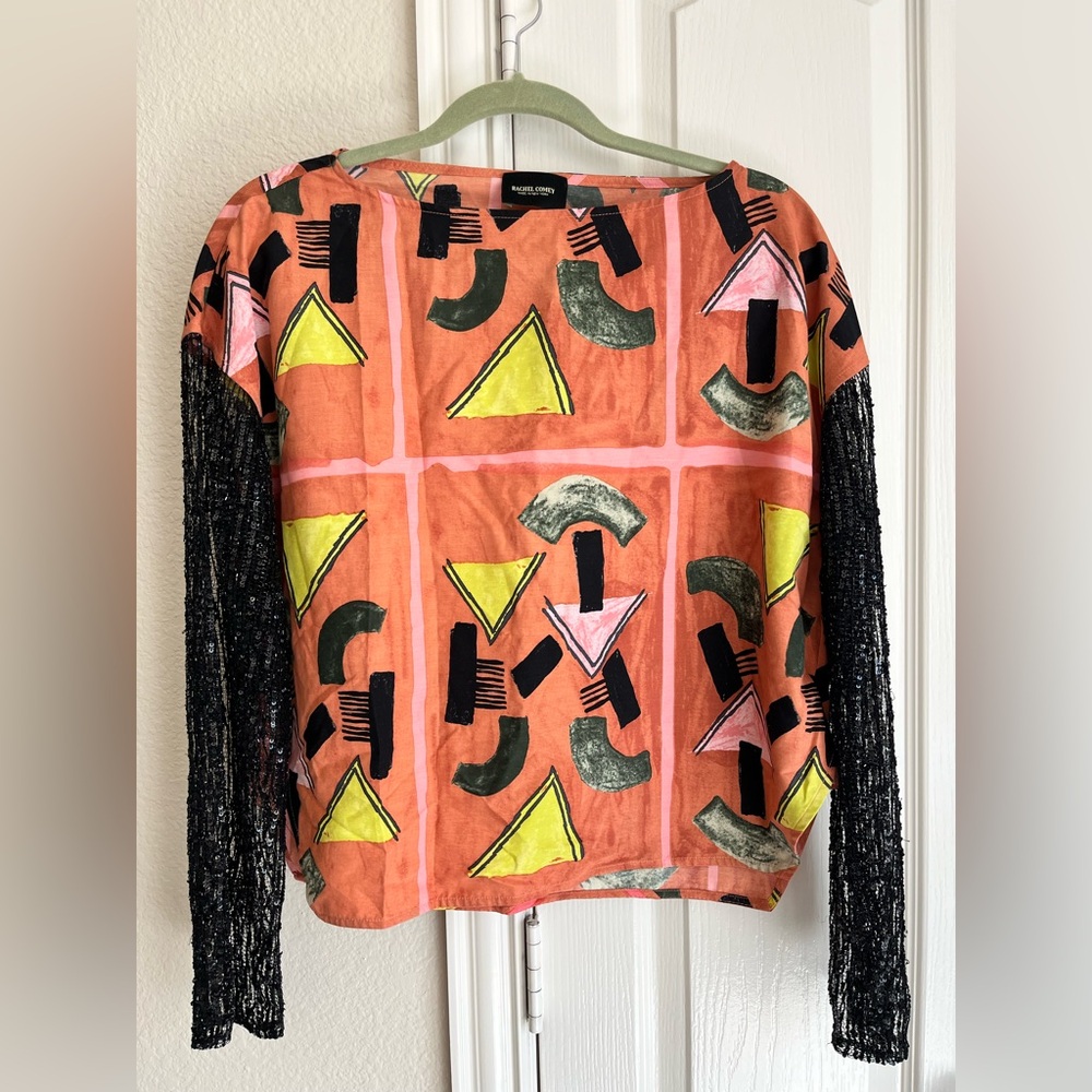 Rachel Comey patterned top beaded salmon pink black yellow